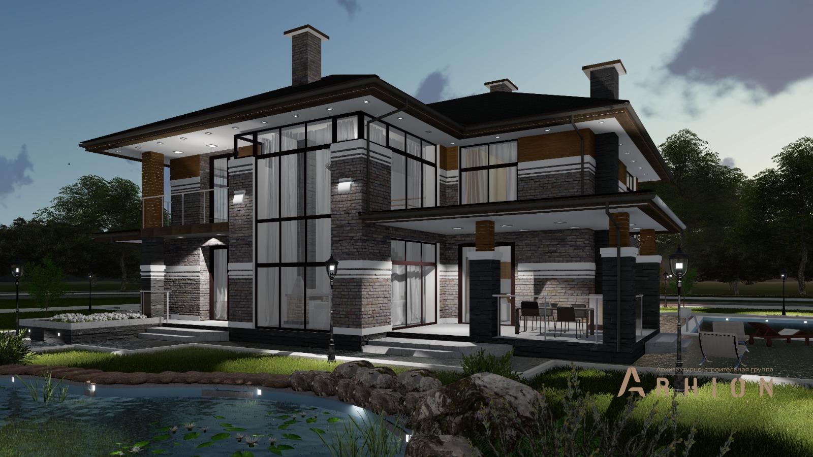 2. Проект двухэтажного дома в стиле Ллойда Райта (прерий) с многоскатной кровлей, H-1516, площадью - 466 кв c цокольным этажом, терассой, балконом, гаражом, вторым светом